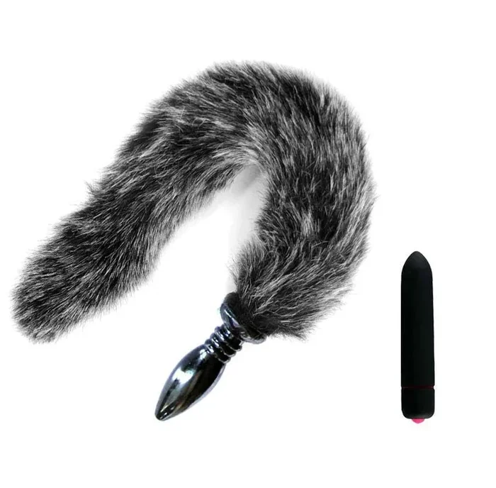 14″ Salt and Pepper Fox Tail with Silicone Plug