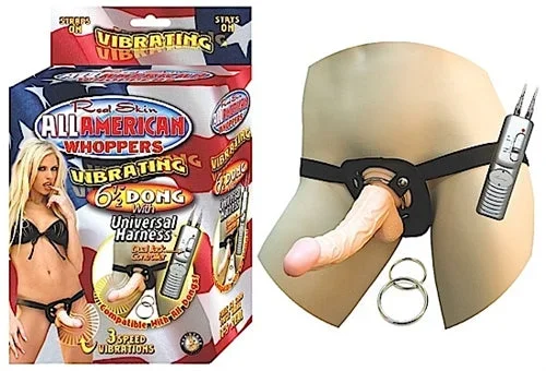 All American Whoppers Vibrating 6.5-Inch Dong With Universasl Harness – Flesh