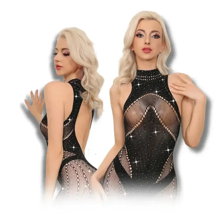 Bodystocking – 1 Pc Sexy Black Sheer High‑Neck Lady Lingerie with Open Back and Rhinestone Fishnet Design