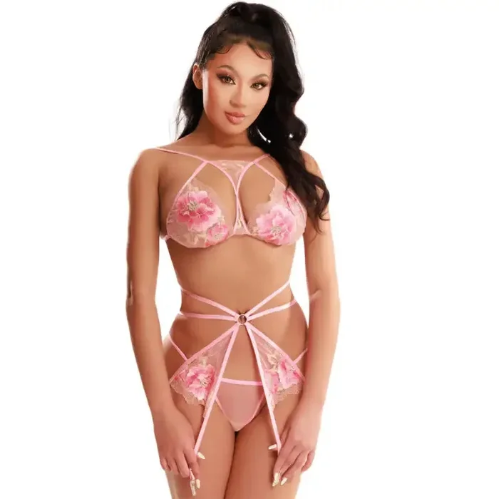 Bra Set – 3 Pcs Pink Lace Roses Bra Set with G-String and Garter