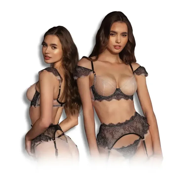 Bra Set – 3 Pcs See-Through Lady Lingerie with High Waist Ruffled Garter Belt and Thongs