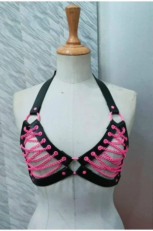 Candy Collection – Pink Chain Lace-Up Bra Top Harness