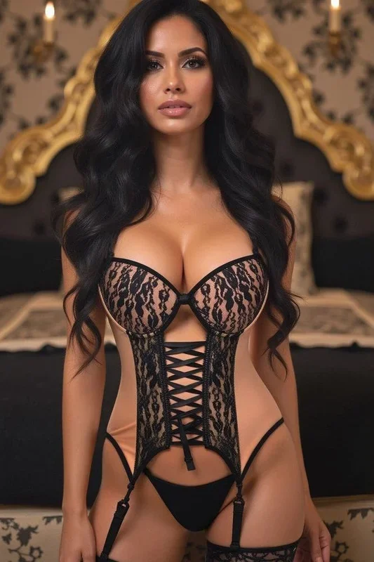 Lavish Nude/Black Lycra & Lace Hook & Eye Lace-Up Bustier Corset w/Garters