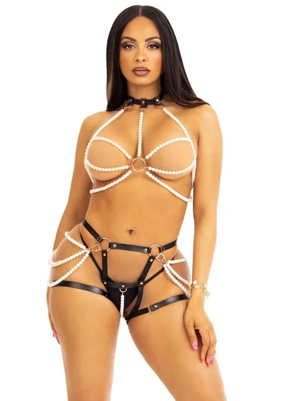 Leg Avenue Faux Pearl Multi Strand Halter Harness with O-Ring Detail and Convertible Vegan Leather Butt Harness