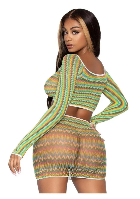 Leg Avenue Zig Zag Net Gauntlet Sleeve Crop Top and Mini Skirt