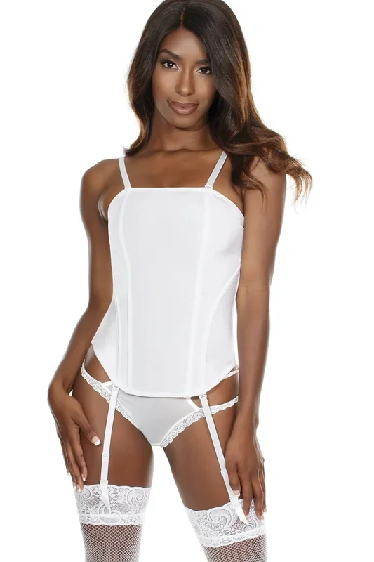 Metal spiral boning Features front control lining Back hook & eye closure Adjustable straps and removable garters