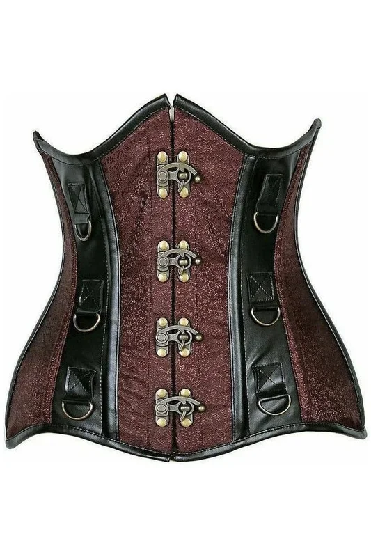 Top Drawer Brown Brocade & Faux Leather Steel Boned Under Bust Corset